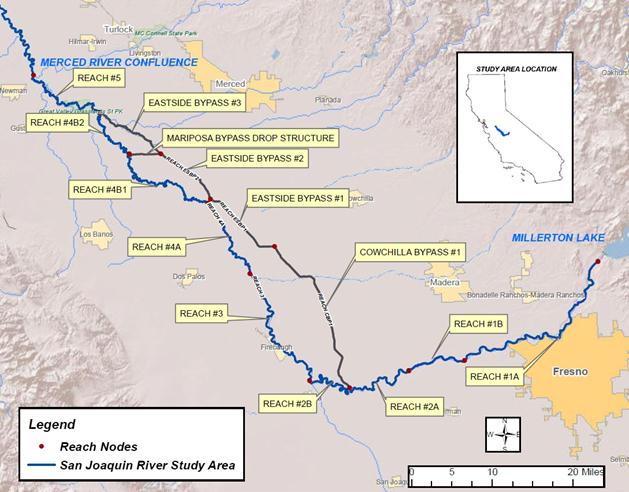 San Joaquin River Restoration Program Area extends 92 miles from Friant Dam (impounding Millerton Lake) to the confluence of the San Joaquin and Merced Rivers.
