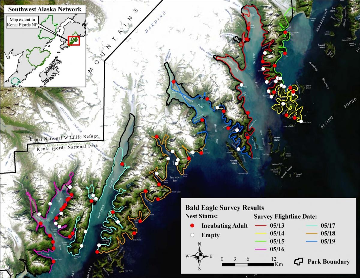 Bald eagle nest locations sighted during aerial surveys in Kenai Fjords National Park during 2009. 