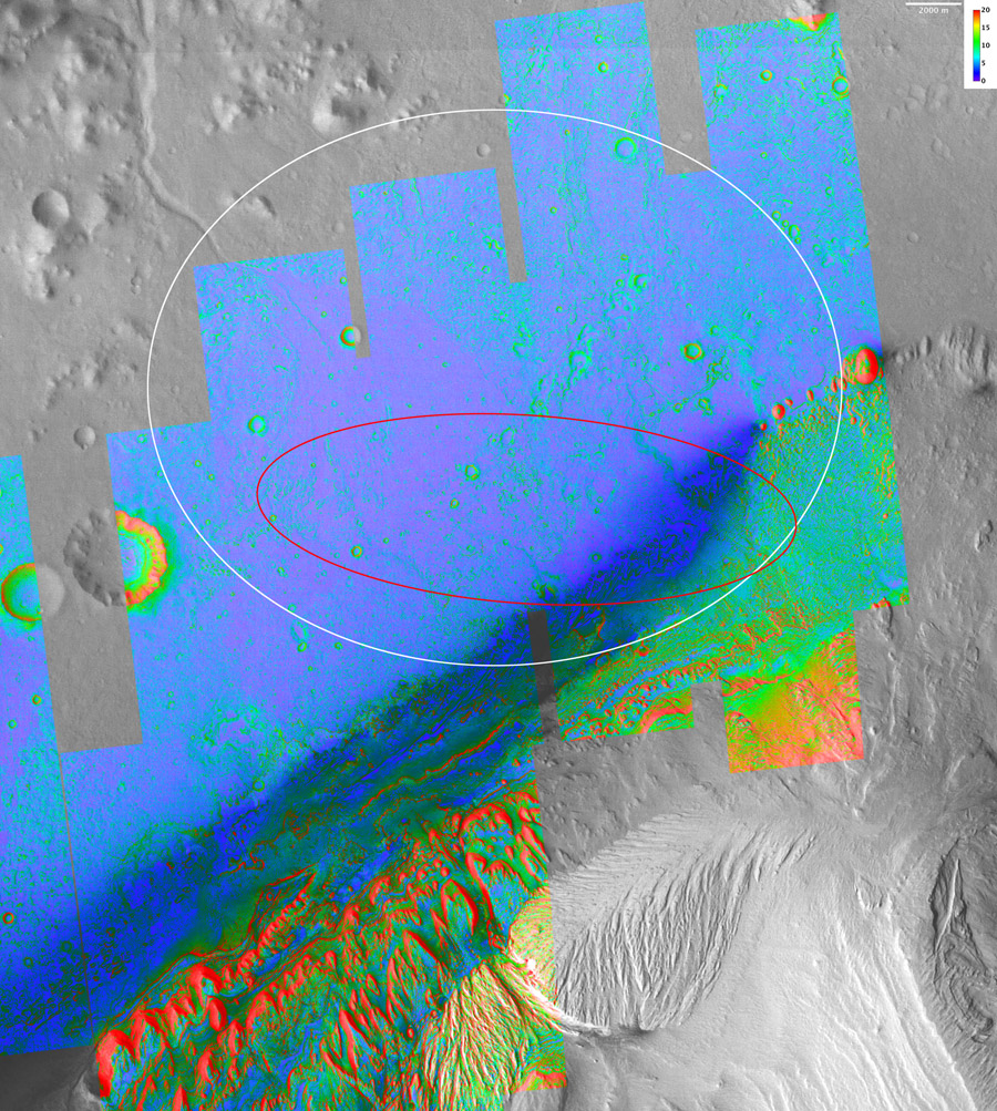 Topography of the landing site for the Curiosity rover produced by the USGS Astrogeology Science Center using images obtained by the HiRISE camera onboard the Mars Reconnaissance Orbiter