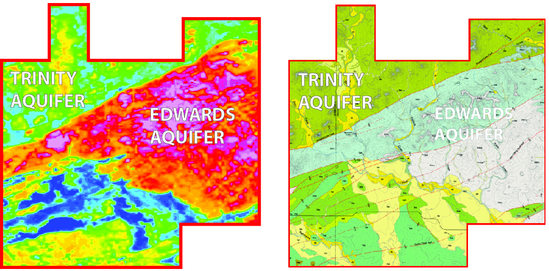 Geophysical remote sensing using helicopter electromagnetic methods (left) reveals geology and geologic structure to refine and complement the geologic map (right).