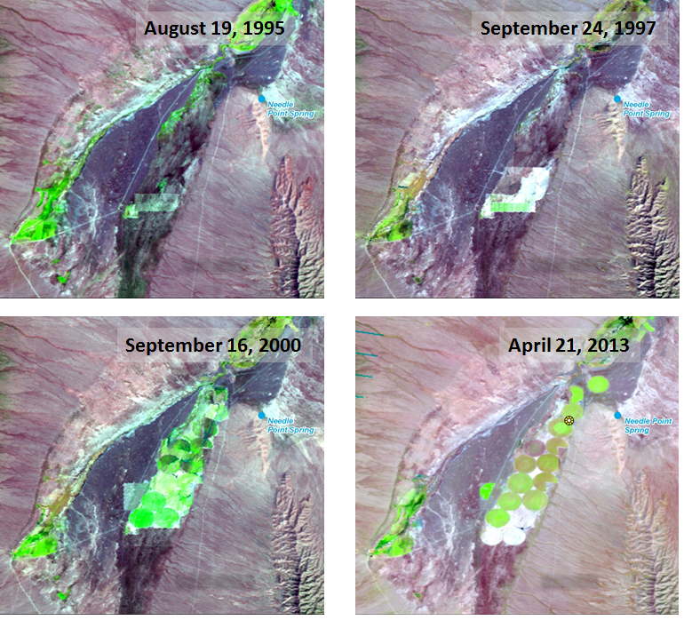 Landsat time series depicting the installation of center pivot agricultural fields over time in the Needle Point Spring, Utah area.  The imagery are displayed as false color composites using a 5, 4, 3 band combination.  Live vegetation appears as green. Circular patterns indicate center pivot irrigation. 
