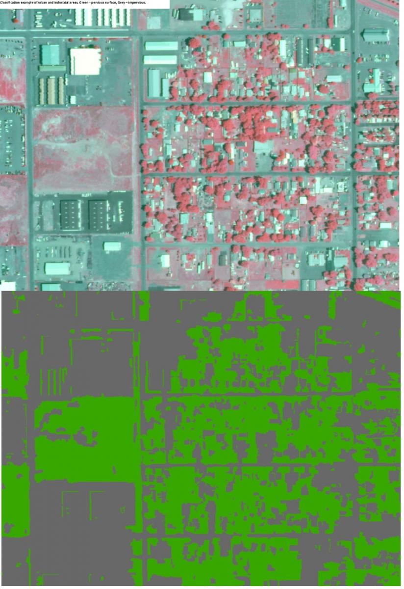 Classification example of urban and industrial areas. Green - pervious surface, Grey – impervious.