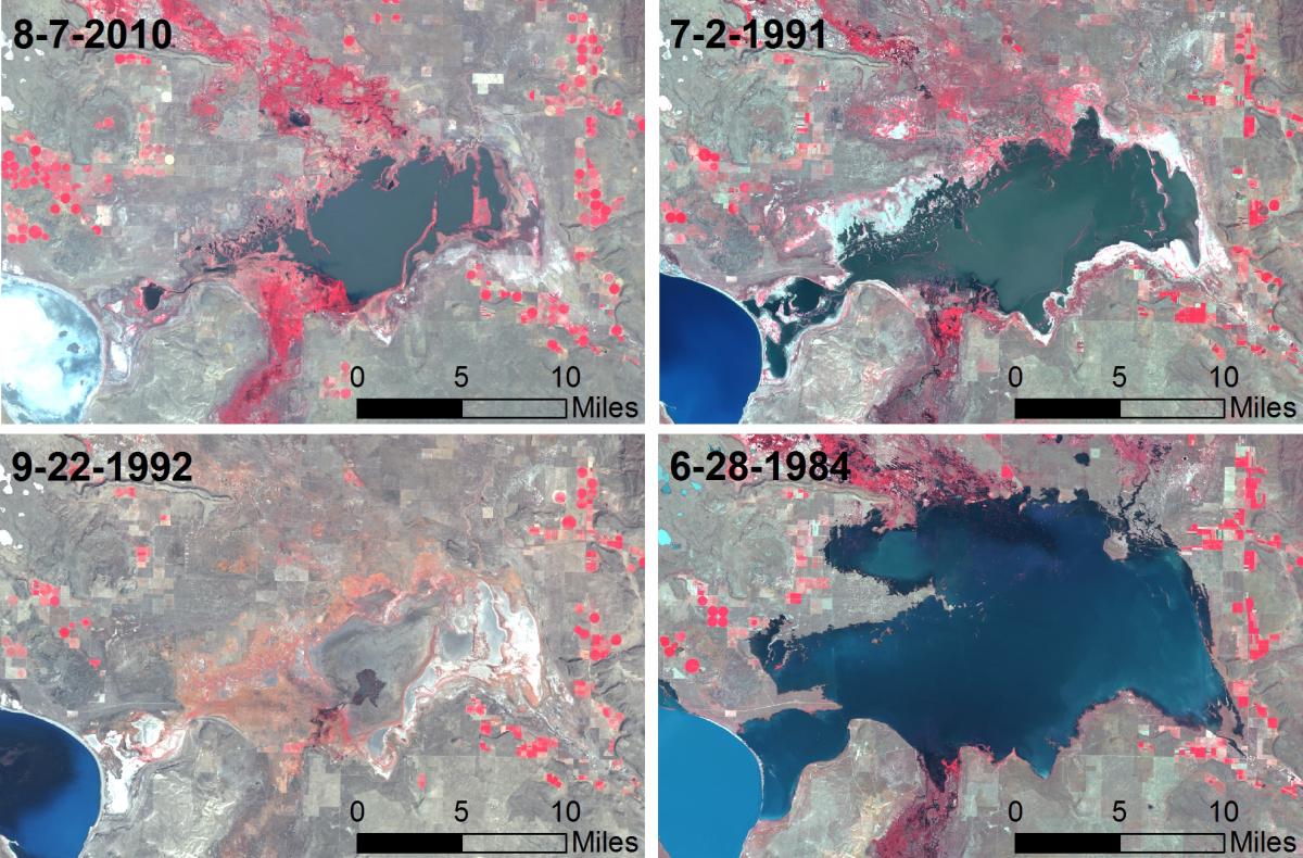 Landsat Thematic Mapper images of Malheur Lake showing average low (8-7-2010), high (7-2-1991), and extreme low (9-22-1992) and high (6-28-1984) water levels.