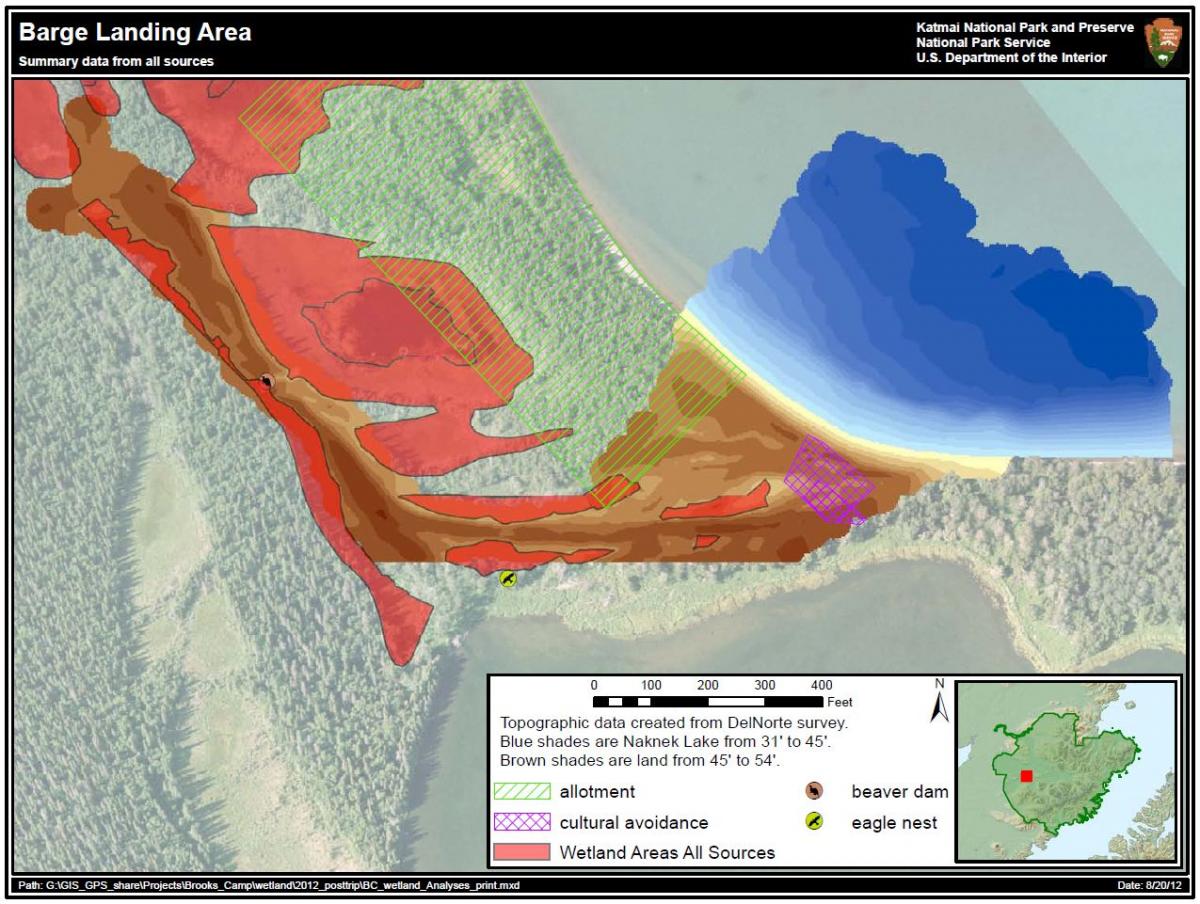 Satellite imagery used in conjunction with wetlands field data for a proposed access road through a sensitive area to a new barge landing location near Brooks Camp in Katmai National Park.  The map inset expresses blue and brown shaded elevations in feet. 
