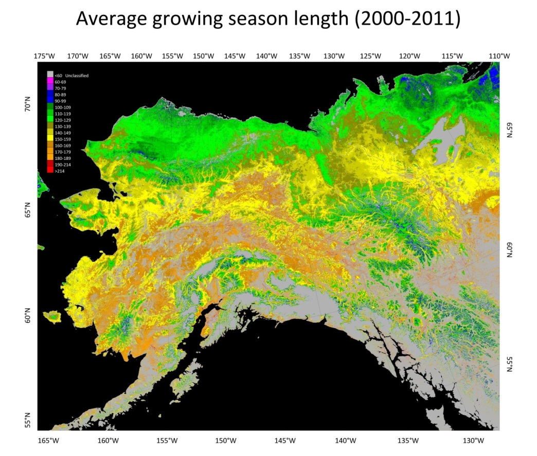 Average length of growing season (2000-2011) derived from MODIS satellite data.
