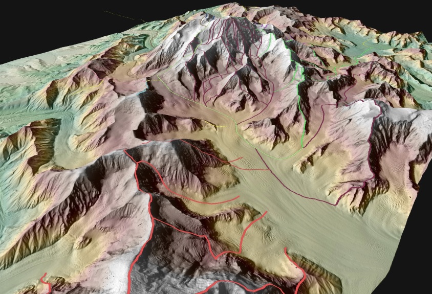 Common climbing routes  superimposed on IFSAR elevation data of Mt. McKinley (Denali), North America’s tallest peak.