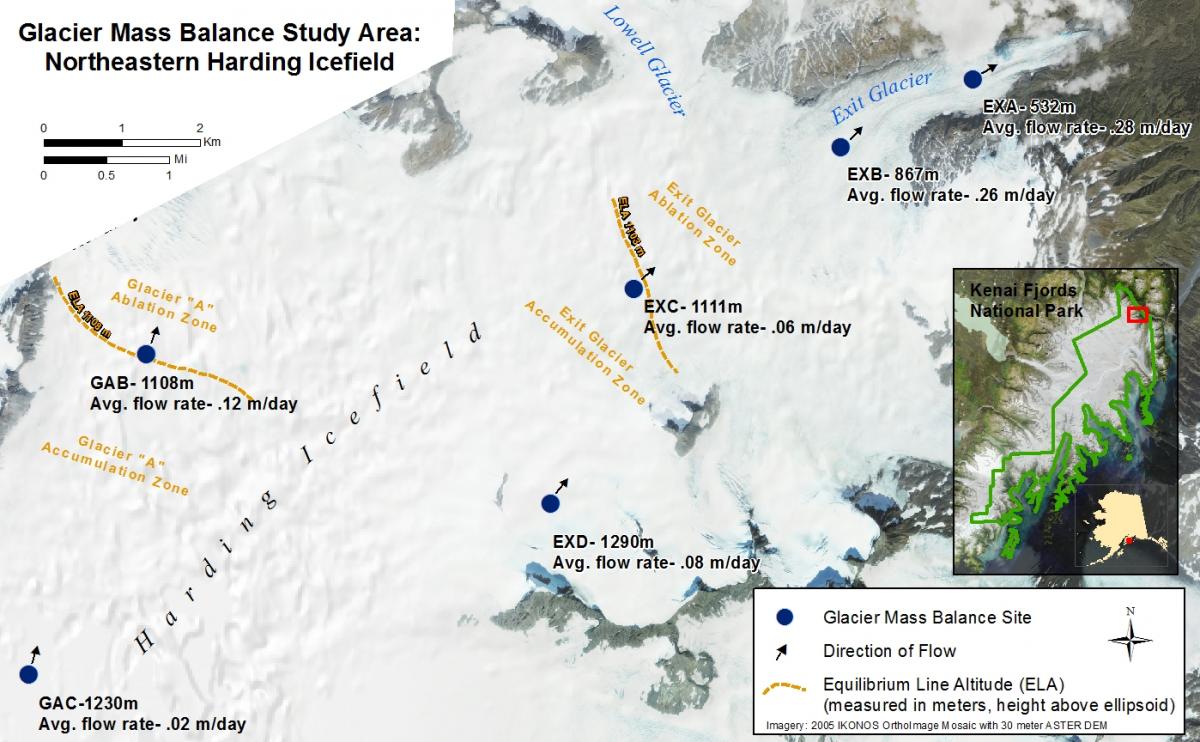 GPS is used to locate sites and track stakes for the glacier mass balance monitoring project over the Harding Icefield.