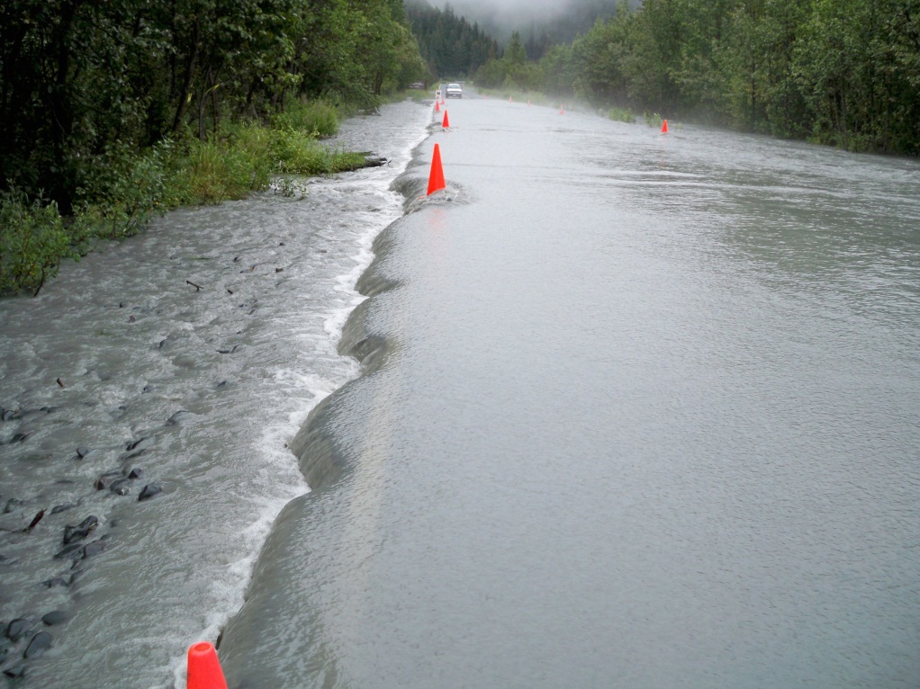 Summer flooding on Exit Glacier Road, near Seward, Alaska. August 16, 2010.