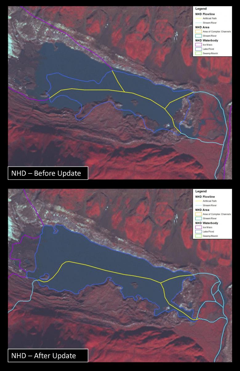 Before and after comparison of NHD data over current SPOT5 satellite imagery