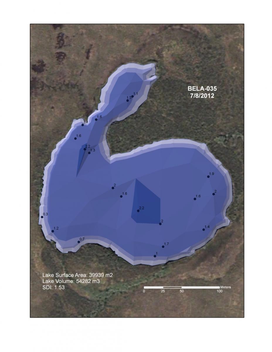 Depth point features are combined with shoreline digitized from high-resolution imagery to create a triangulated irregular network (TIN) data structure, which is used to estimate  lake volume