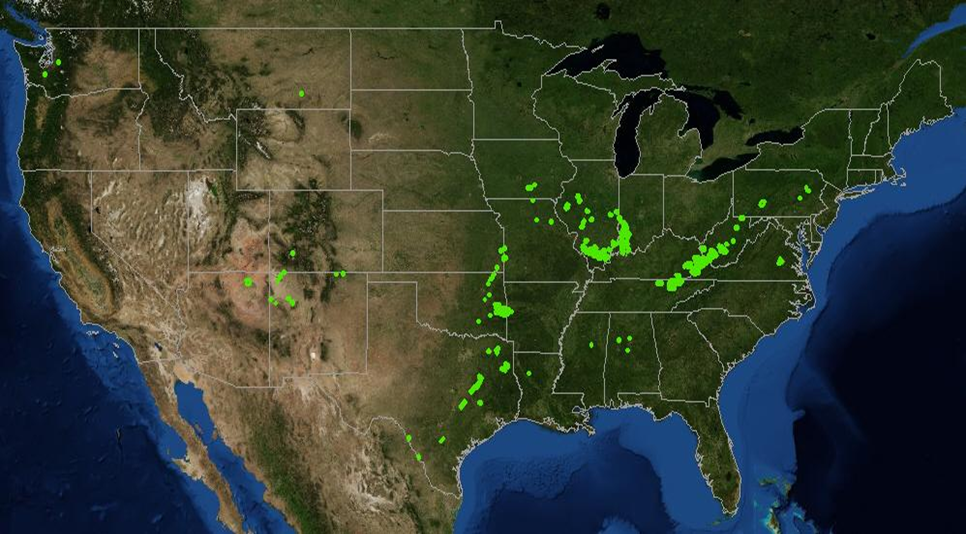 The green polygons on the map of the conterminous United States illustrate the areas where OSM received processed high-resolution satellite imagery from NGA’s RRO Program.