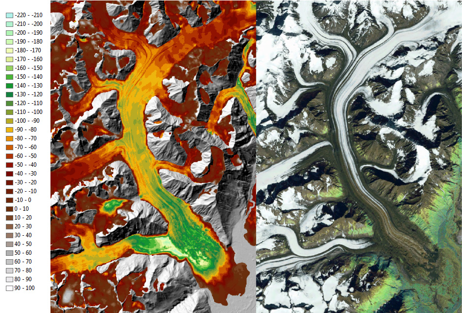 Dall Glacier, Denali National Park and Preserve. Left – Glacier elevation change from about 1950 to 2010 using technique described here (background image 2010 IFSAR DEM). Right – A mosaic of recent Landsat 7 Enhanced Thematic Mapper multispectral satellite images (bands 3, 2, 1).