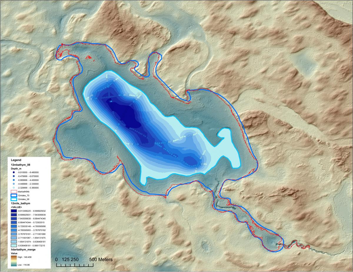 Lidar shows the fine scale (<2m) topographic relief surrounding an Alaskan lake that has diminished in size since the early 1980s.  The blue shaded areas indicate the lake shoreline and depths measured by GPS in 2008 whereas the outermost blue line indicates the lake shorelines mapped by the USGS in 1978 from aerial photography.  The red line is the 1978 shoreline derived from lidar.