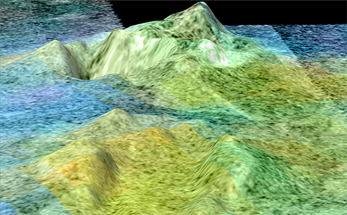 A perspective view looking at Doom Mons and Sotra Patera, the best substantiated cryovolcanic features on Saturn’s moon Titan. This 3D Cassini image was generated from a combination of stereo radar data to show topography and Visual and Infrared Mapping Spectrometer (VIMS) data showing compositional differences in false color.