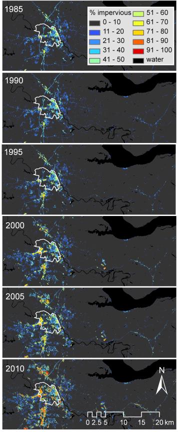 Time series of changes in impervious surface in the Chesapeake Bay watershed from 1985-2010