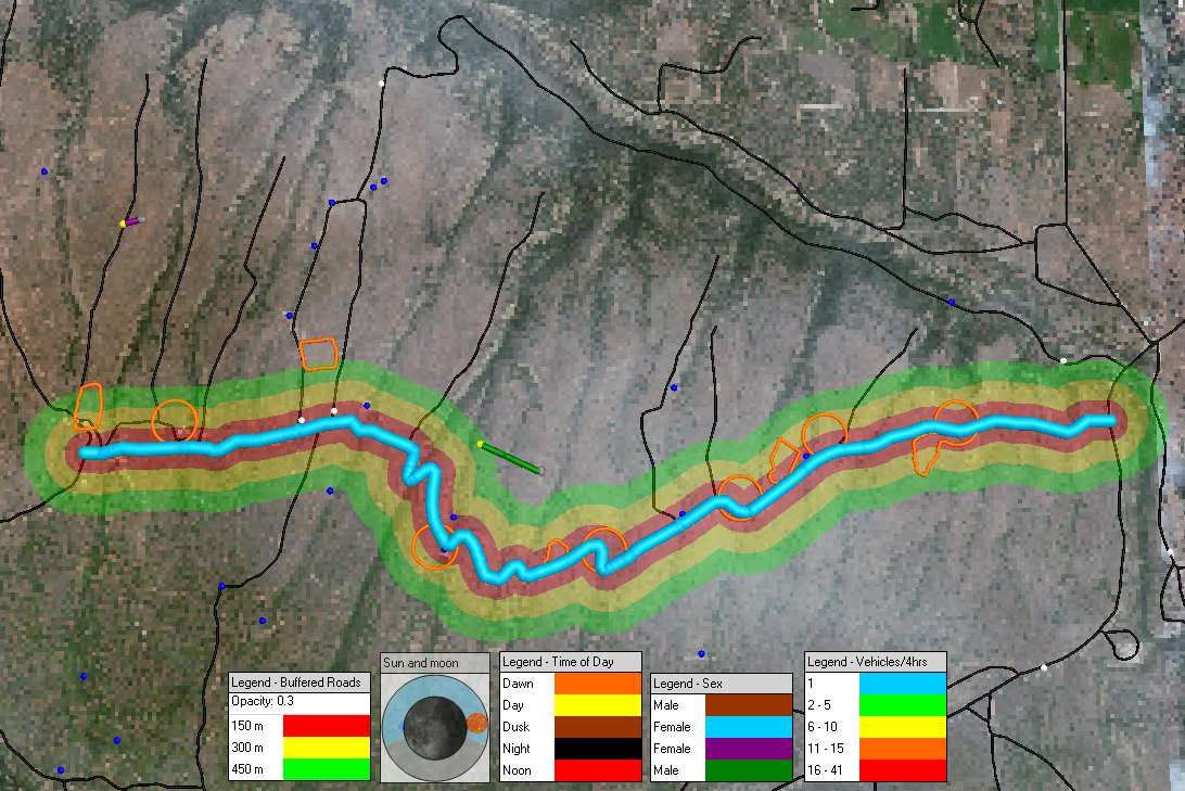 Vehicles per 4 hours (light blue), road buffers, frozen movement of Gunnison sage-grouse (female – purple, male – green), Gunnison sage-grouse leks (orange), stock tanks (blue), and vehicle counters (white) with GeoEye-1 satellite image in the background.