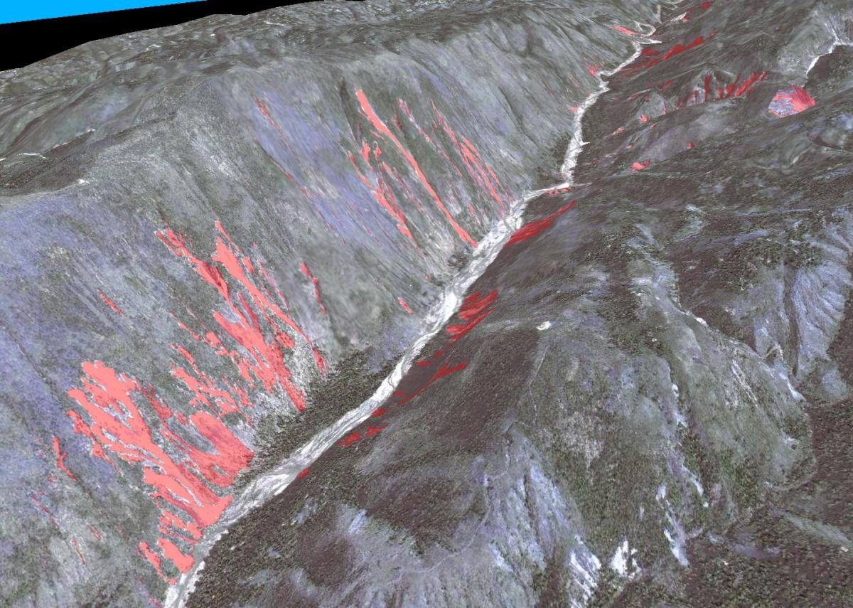 Three-dimensional image of mapped landslides (red) from the 2010 Haiti earthquake. View is to the east-northeast along the Enriquillo-Plantain garden Fault Zone.