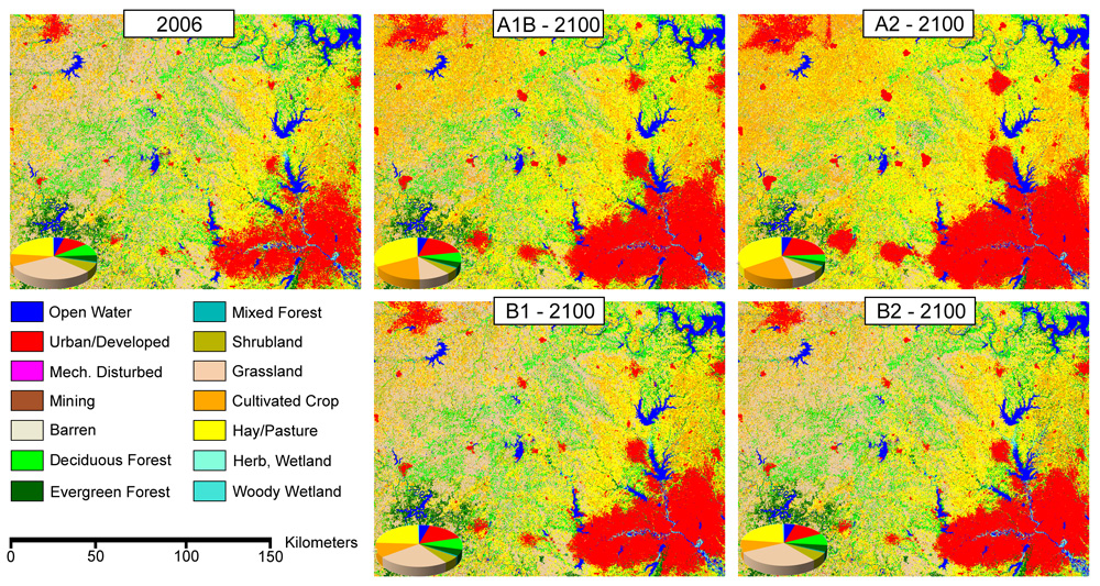 Year 2100 land cover projections for four IPCC scenarios near Dallas, Texas.  Both 