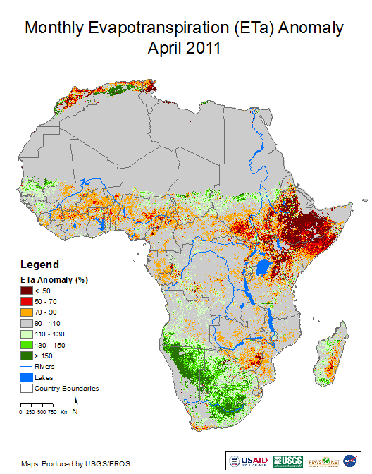 MODIS ETa anomaly image for Africa, April 2011.  Red area in the Horn of Africa indicates drought associated with famine in Somalia and severe food insecurity in neighboring countries.