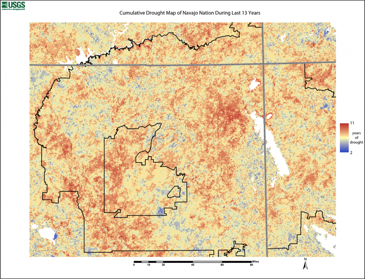 Image depicting the areas of the Navajo Nation affected by drought. Each pixel in the image is color coded according to how many years of below normal vegetative growth have occurred over the past 13 years. Most severely affected areas, colored red, have had below normal growth for 11 out of 13 years.