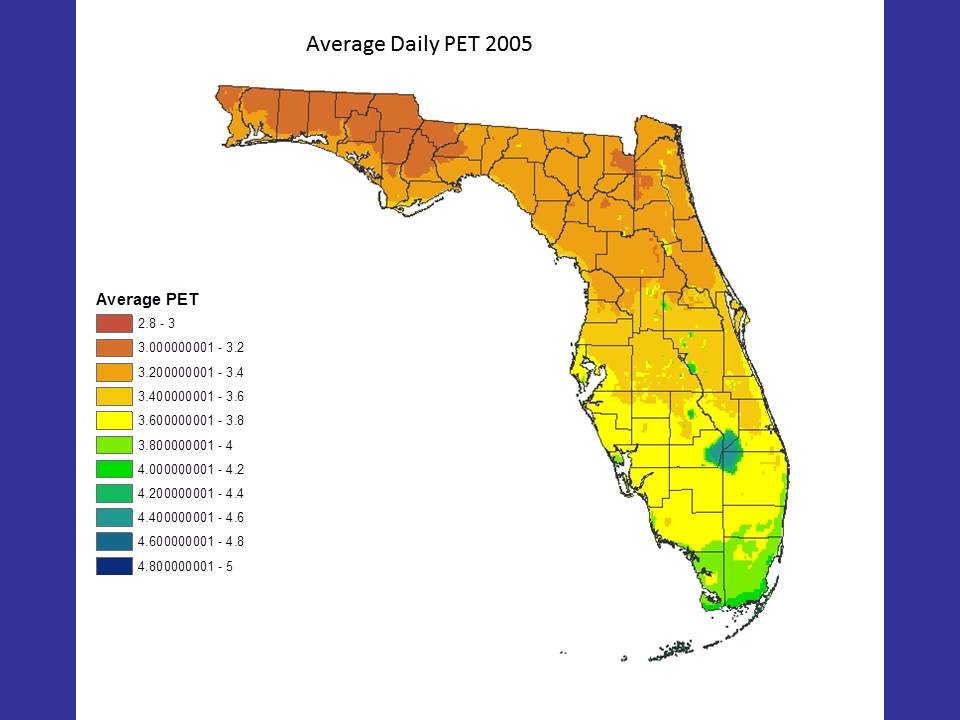 Mean potential evapotranspiration (PET) over Florida during 2005 in units of millimeters per day.    