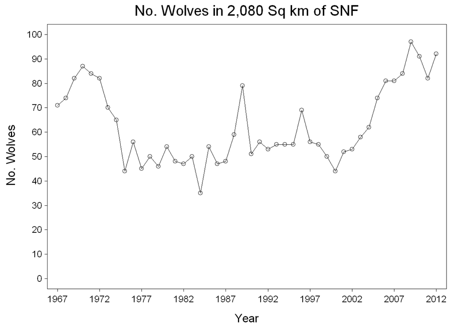 Number of wolves in 2,080 km² of the Superior National Forest, Minnesota. 