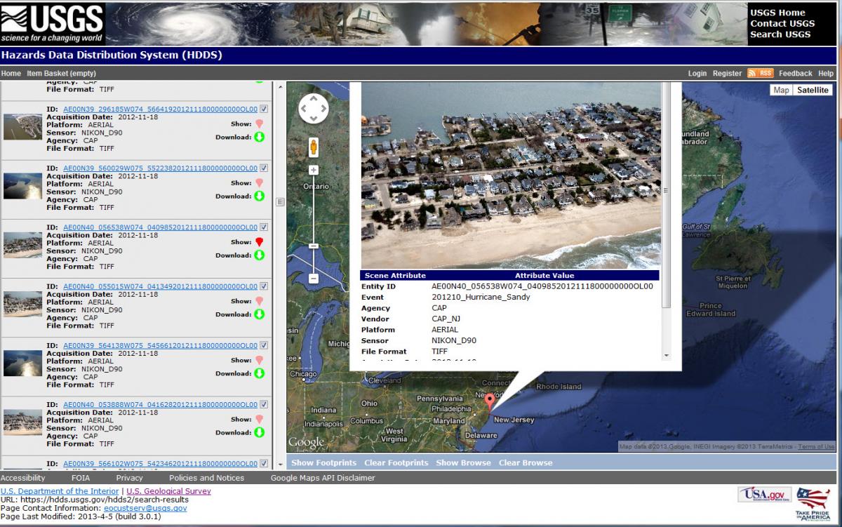 Civil Air Patrol browse image from Hurricane Sandy displayed in the Hazard Data Distribution System (HDDS).
