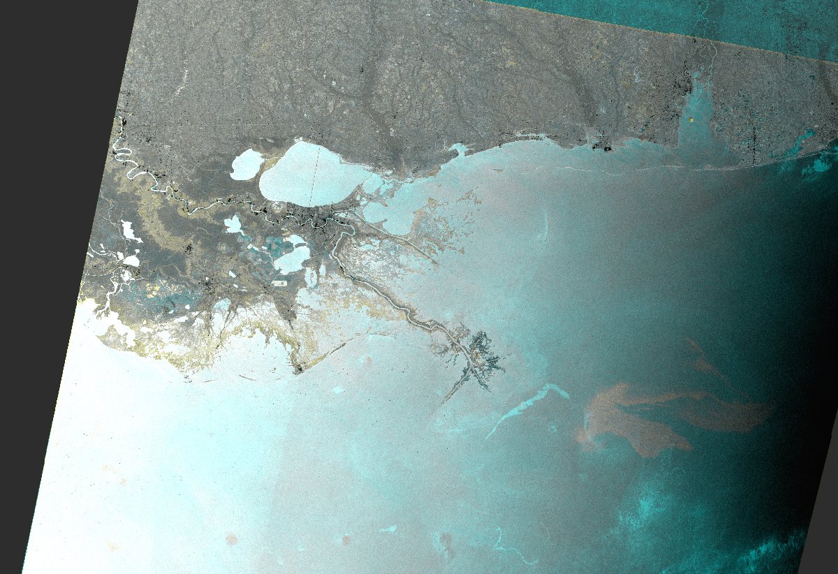 Oil Spill in the Gulf of Mexico—ENVISAT ASAR WS provided by the European Space Agency. The oil slick appears in light gray while light blue features correspond to the reference image. 