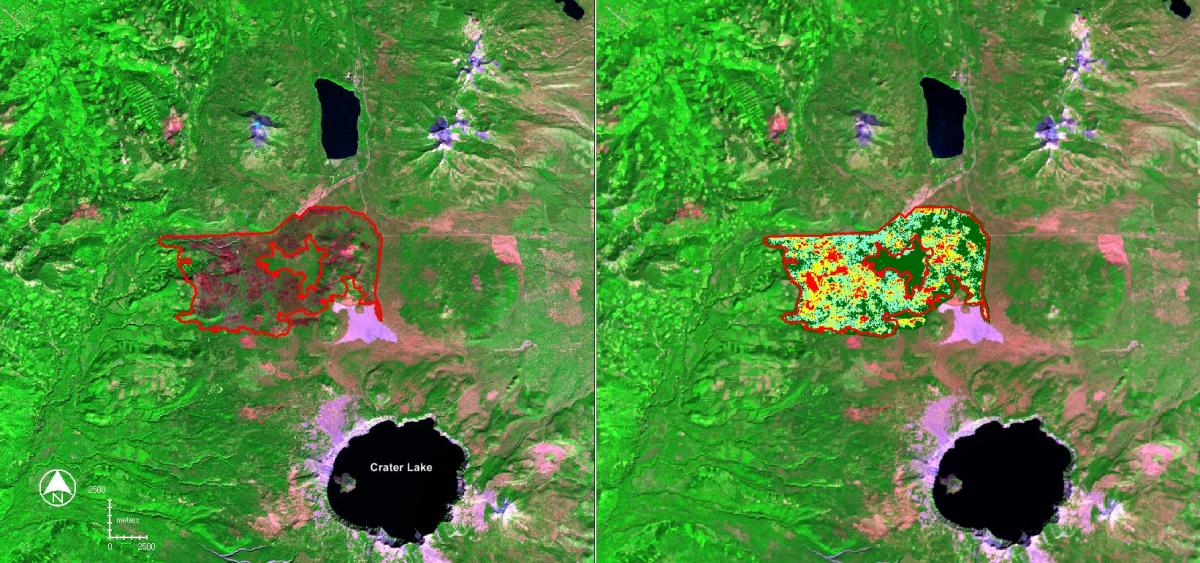 Landsat postfire image (September 20, 2015; left) and preliminary soil burn severity map superimposed on a Landsat prefire image (September 1, 2014; right) for the August/September 2015 National Creek Complex fire in Oregon’s Crater Lake National Park.  The fire burned 16,744 acres just north of Crater Lake and was the largest in the recorded history of the park. Within the postfire image, the burn scar is medium to bright red while vegetation is various shades of green. Within the burn severity map, dark green is non-burn, light blue is low severity, yellow is moderate severity, and red is high severity. The approximate burn perimeter is designated by a red polygon in both images.