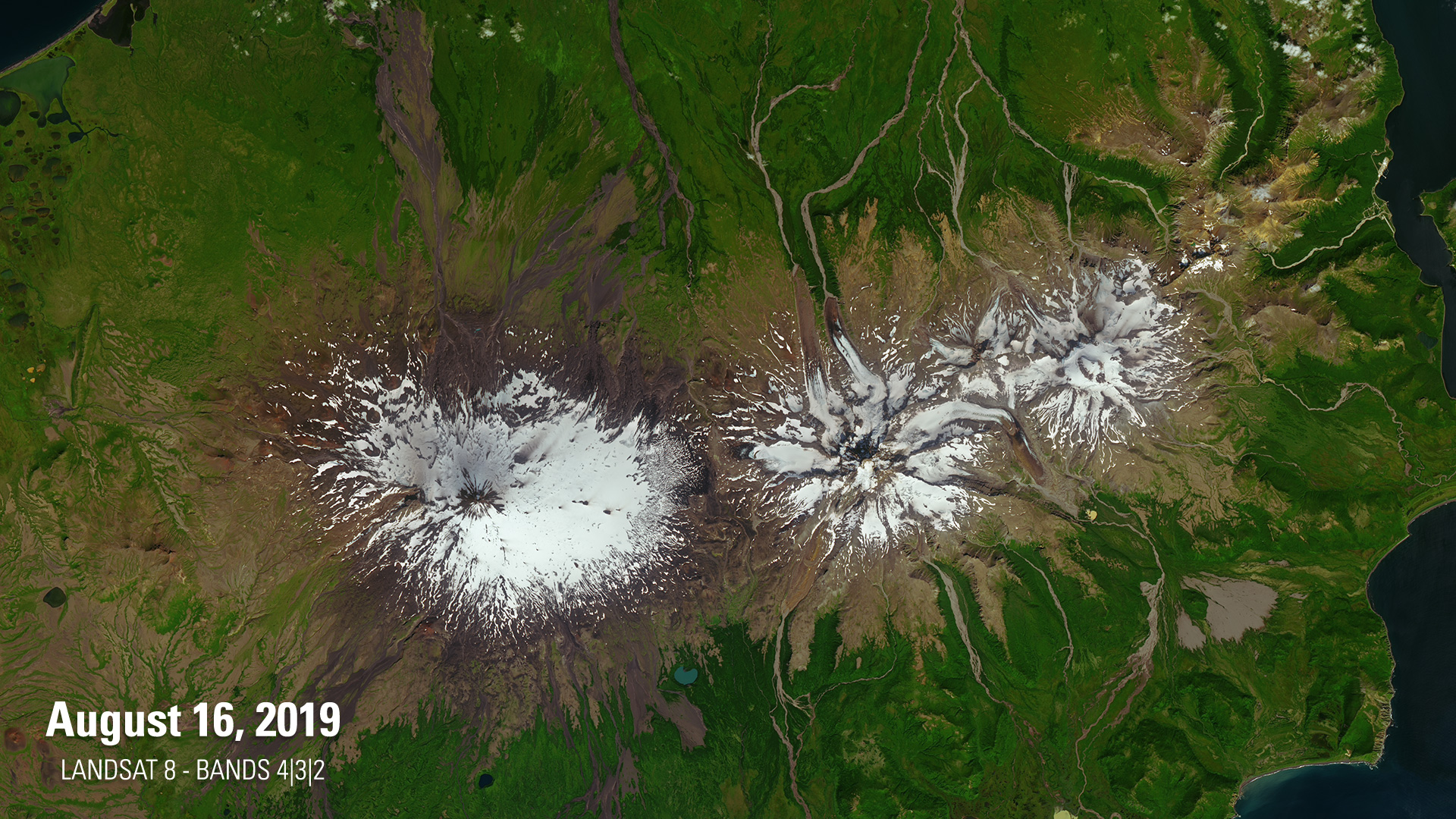 Landsat 8 image of Shishaldin Volcano, August 2019