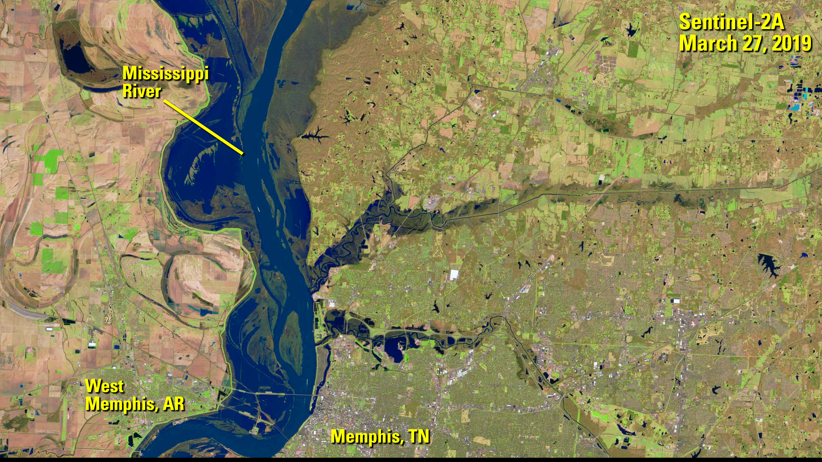 2019 satellite image of Mississippi River near Memphis, TN