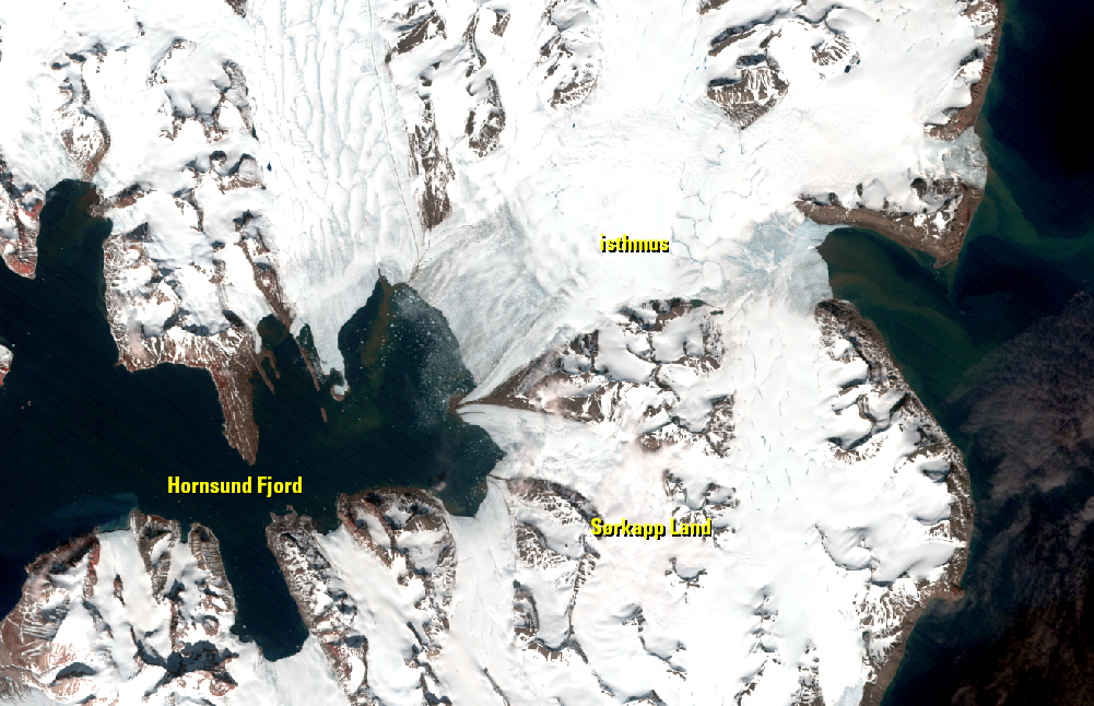 July 5, 1985, Landsat 5 (path/row 208/5) — Narrowing isthmus, Spitsbergen Island, Svalbard, Norway
