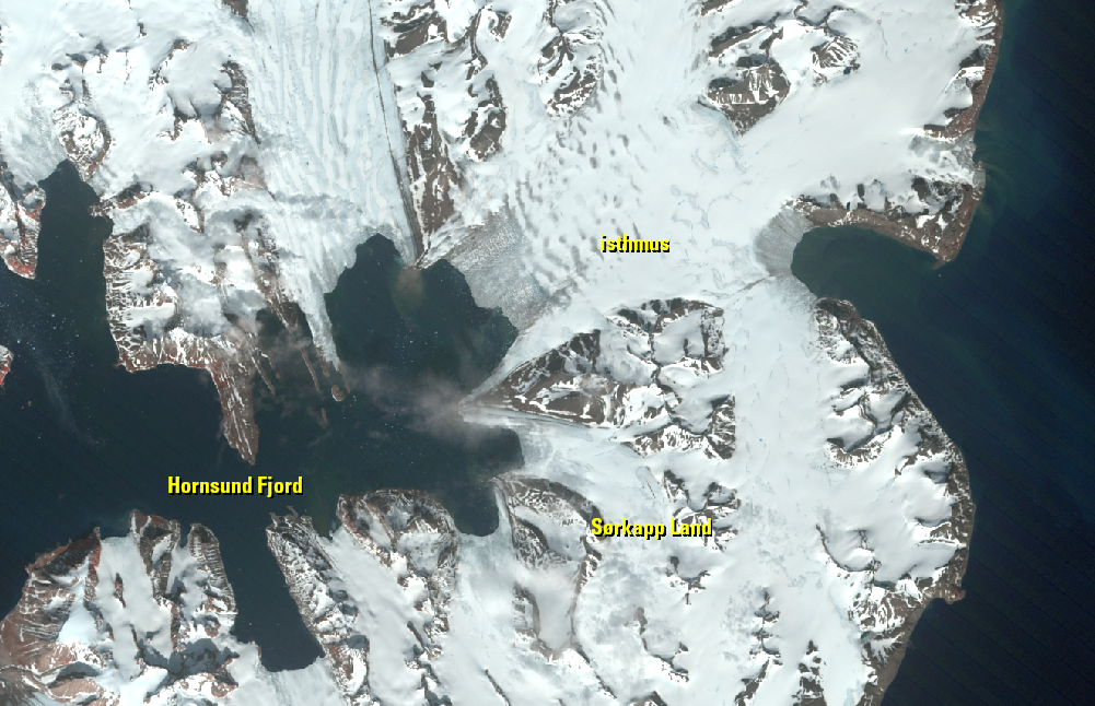 July 22, 1992, Landsat 5 (path/row 210/5) — Narrowing isthmus, Spitsbergen Island, Svalbard, Norway
