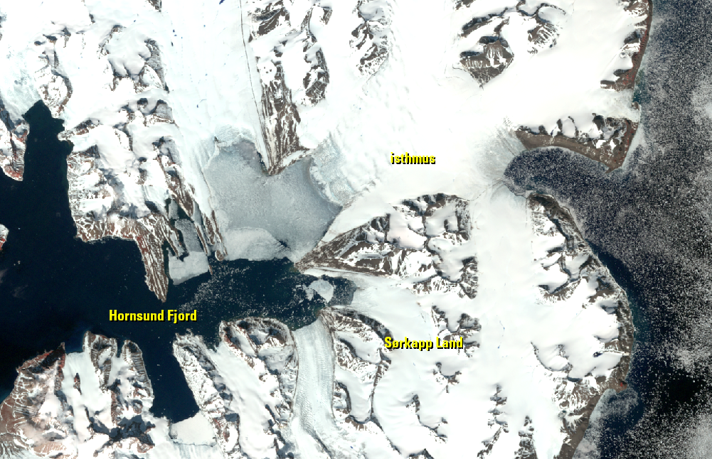 June 22, 2002, Landsat 7 (path/row 212/5) — Narrowing isthmus, Spitsbergen