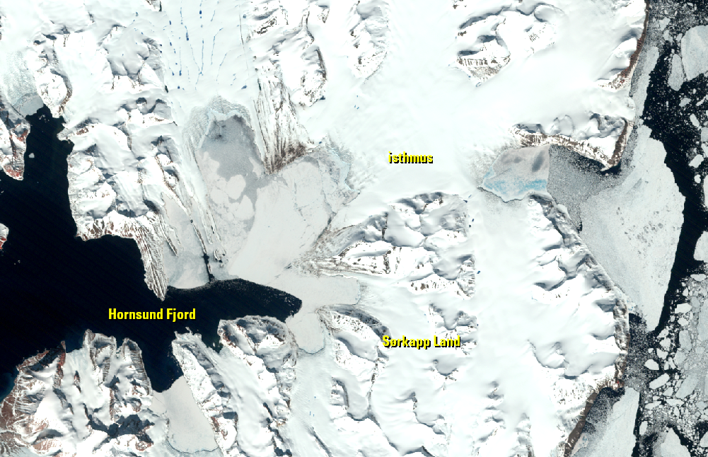 June 21, 2009, Landsat 5 (path/row 208/5) — Narrowing isthmus, Spitsbergen Island, Svalbard, Norway