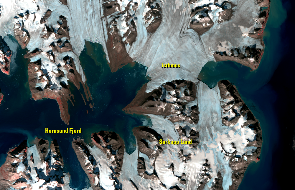 Aug. 24, 2013, Landsat 8 (path/row 211/5) — Narrowing isthmus, Spitsbergen Island, Svalbard, Norway