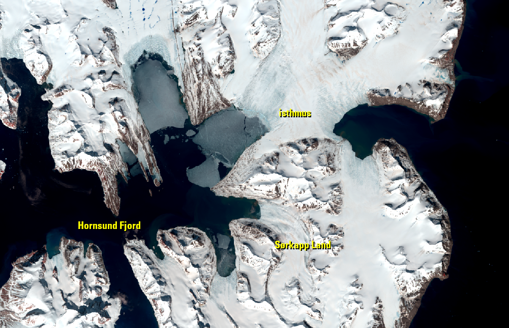 June 15, 2019, Landsat 8 (path/row 210/5) — Narrowing isthmus, Spitsbergen Island, Svalbard, Norway