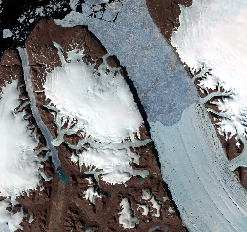 July 15, 2014, Landsat 8 (path/row 45/1) — seasonal changes at Petermann Glacier, Greenland