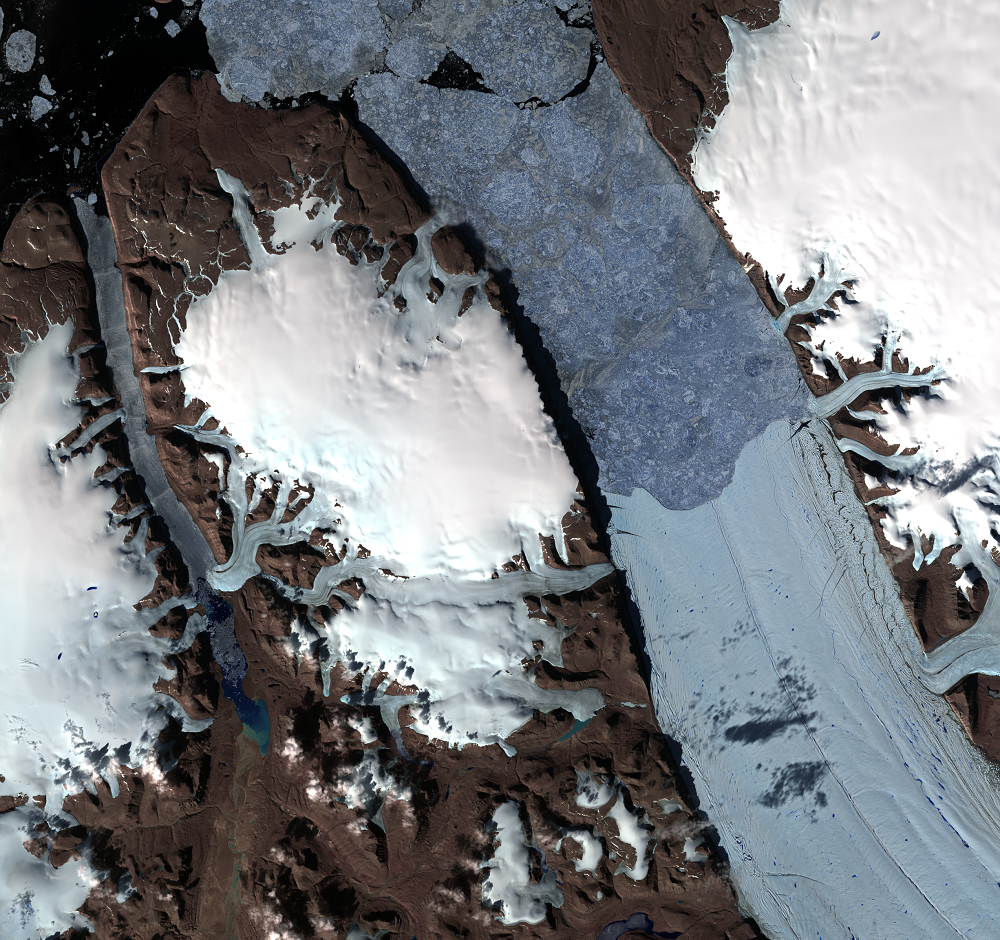 July 31, 2014, Landsat 8 (path/row 45/1) — seasonal changes at Petermann Glacier, Greenland