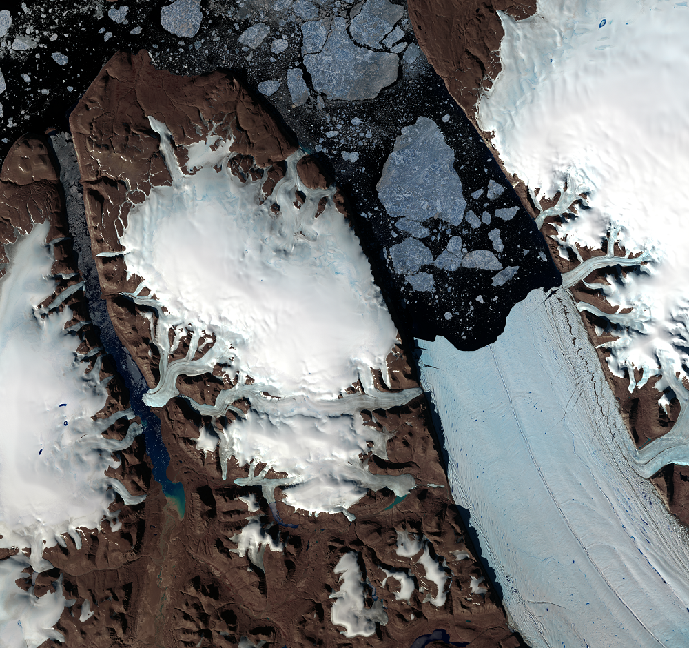 Aug. 9, 2014, Landsat 8 (path/row 44/1) — seasonal changes at Petermann Glacier, Greenland