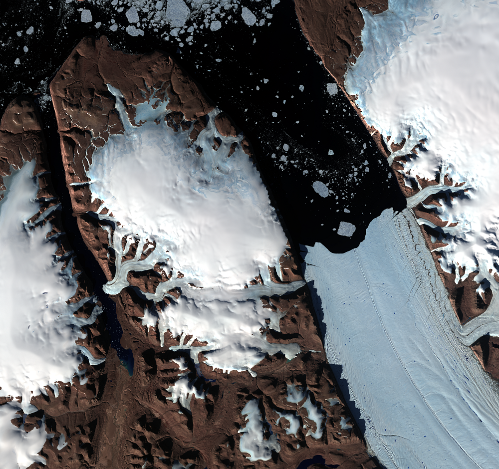 Aug. 25, 2014, Landsat 8 (path/row 44/1) — seasonal changes at Petermann Glacier, Greenland