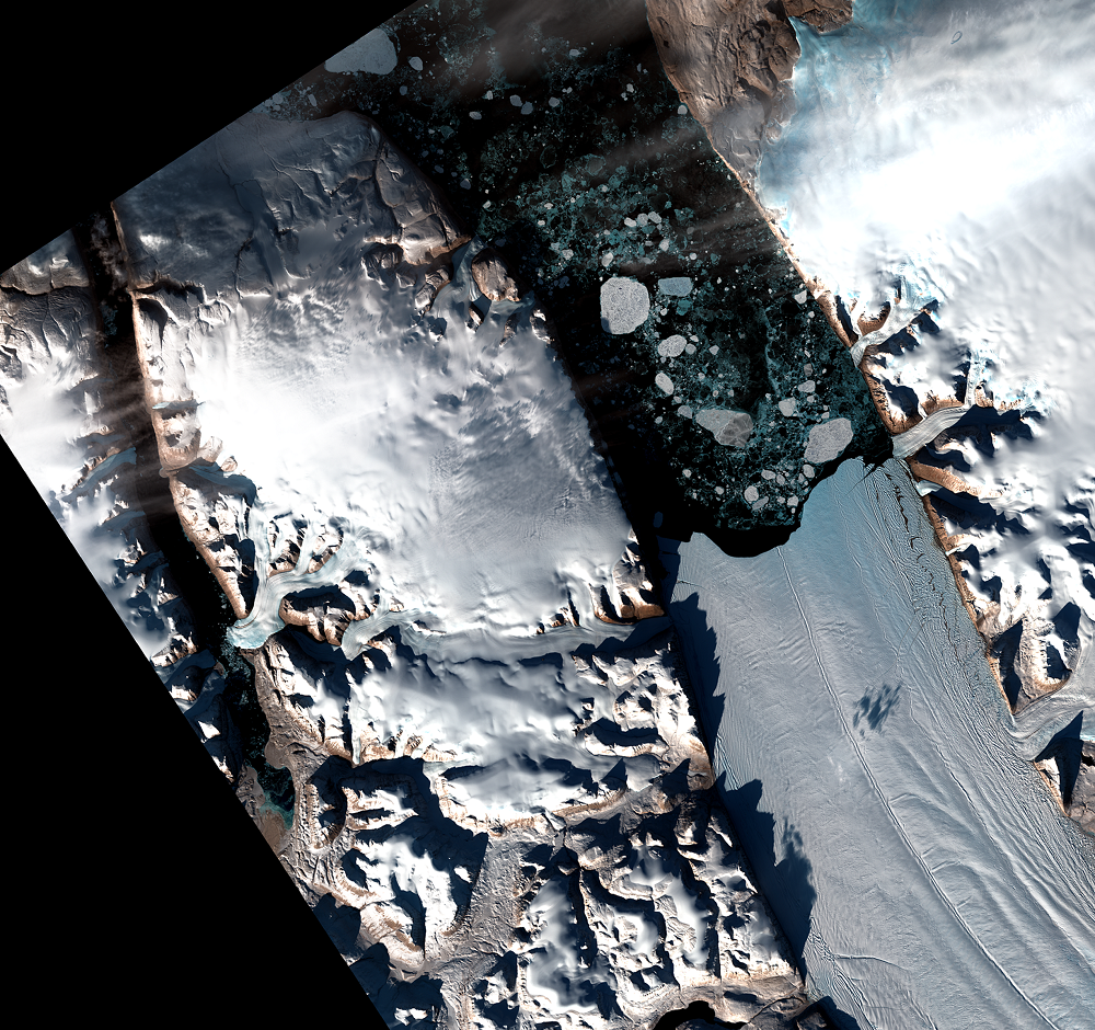 Sep. 14, 2014, Landsat 8 (path/row 40/1) — seasonal changes at Petermann Glacier, Greenland