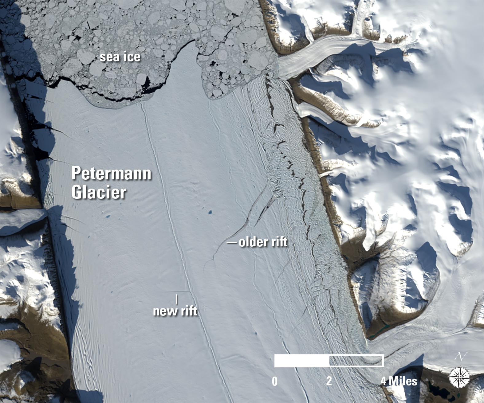 Aug. 30, 2017, Landsat 8 (path/row 39/1) — 2017 rift, Petermann Glacier, Greenland 3:01:53 p.m. local time in Greenland