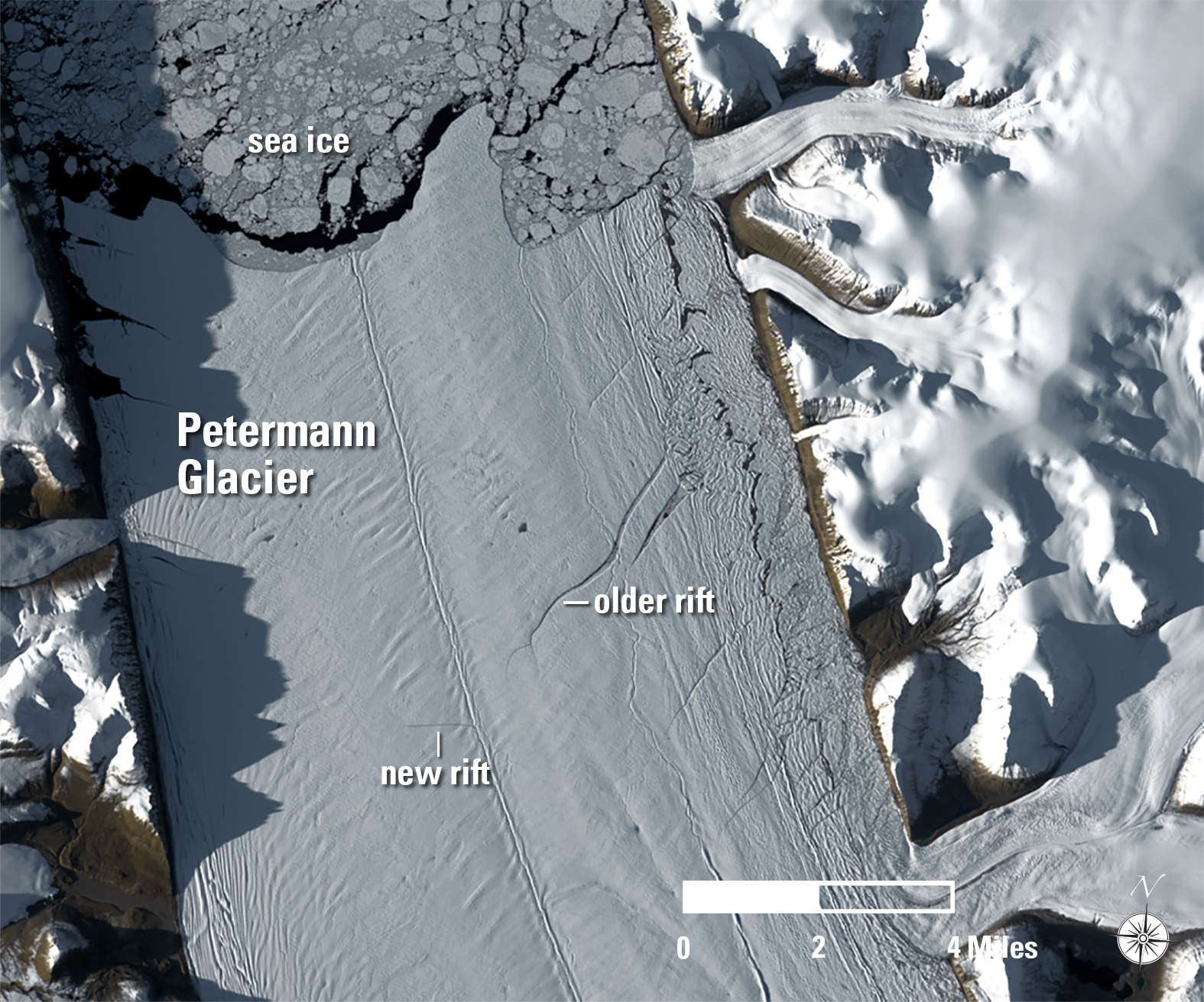 Aug. 30, 2017, Landsat 8 (path/row 55/244) — 2017 rift, Petermann Glacier, Greenland 6:17:40 p.m. local time in Greenland