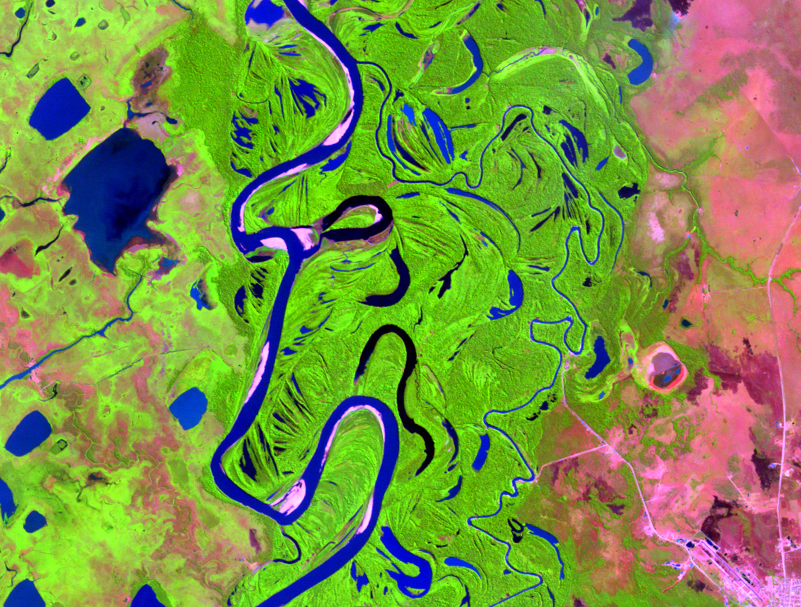 Aug. 10, 1995, Landsat 5 (path/row 232/70) — Oxbow formation on the Mamoré River, Bolivia