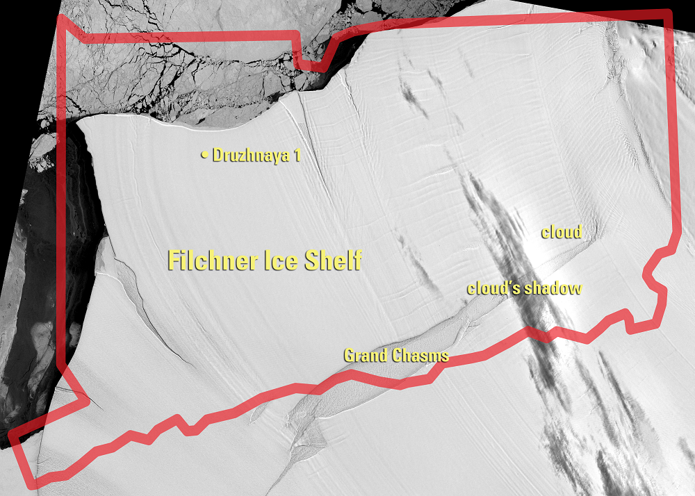 Nov. 11, 1973, Landsat 1 (path/row 194/117) — Filchner Ice Shelf, Antarctica, size comparison