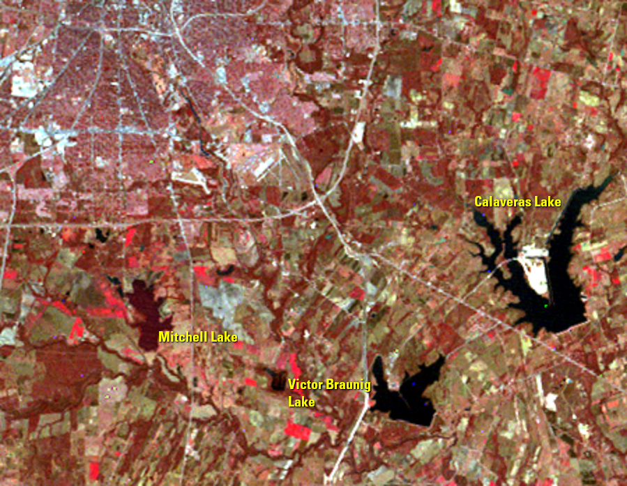 Dec. 7, 1974, Landsat 1 (path/row 29/40) — Reservoirs, southeastern San Antonio, TX, USA