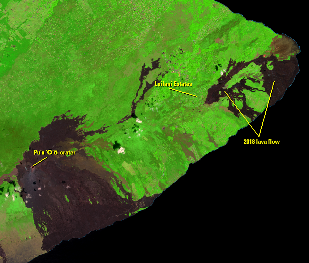 Feb. 26, 2019, Landsat 8 (path/row 62/47) — Pu‘u ‘Ō‘ō–lower East Rift Zone eruption, HI, USA