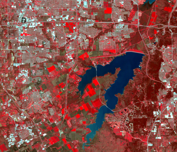 Mar. 12, 2000, Landsat 7 (path/row 27/37) — Joe Pool Lake, southwest of Dallas, TX, USA