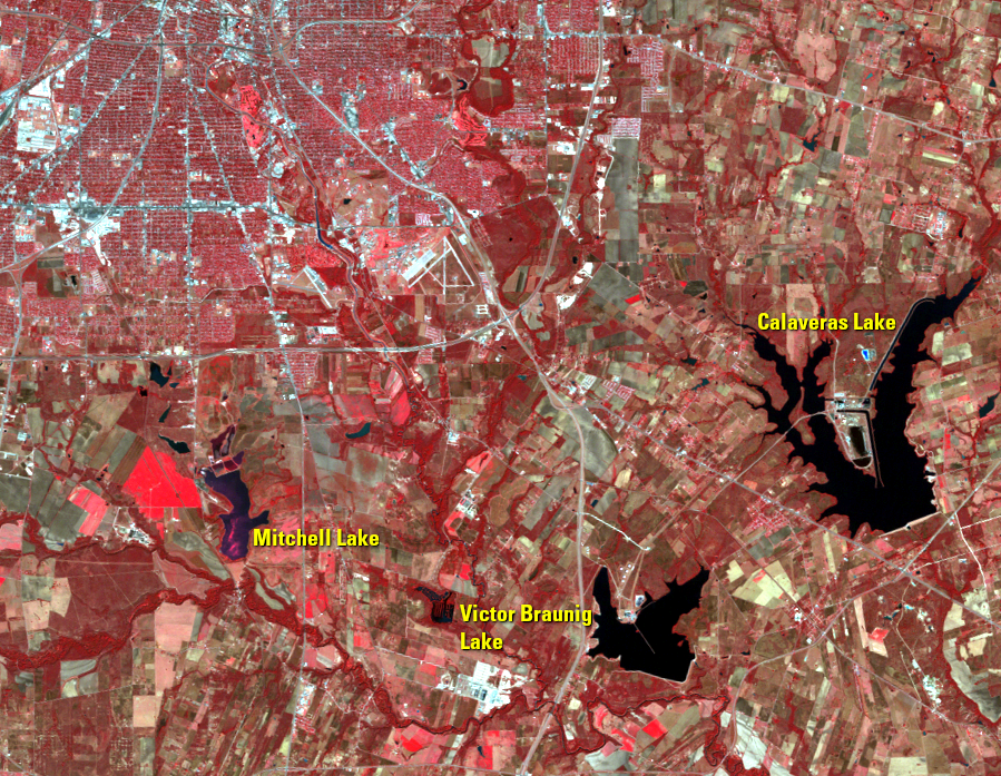 Nov. 12, 1987, Landsat 5, (path/row 27/40) — Reservoirs, southeastern San Antonio, TX, USA